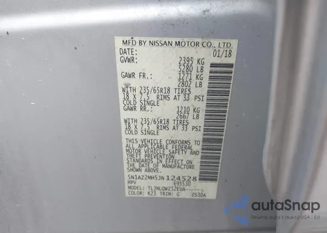 2018 Nissan Murano Sv z USA, uszkodzony, nr VIN 5N1AZ2MH5JN124528